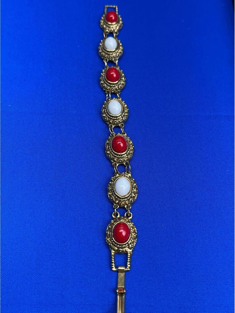 #31 Vintage Etruscan Revival Bracelet Gold Tone Red & White Cabochons
